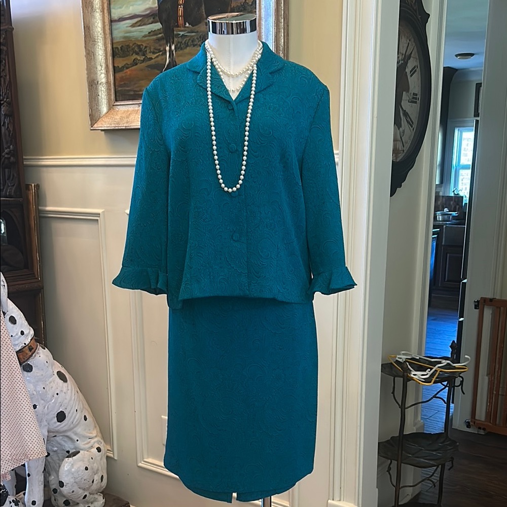 Vintage DB Collection Sz 14P Paisley Teal Skirt Set GUC